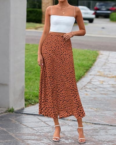 BTFBM Satin Skirts for Women Trendy Spring Summer 2026 High Waisted Leopard Print Cocktail Wedding Long Silk Midi Skirt(Dot Brick Red Black, Medium) - Thumbnail 4