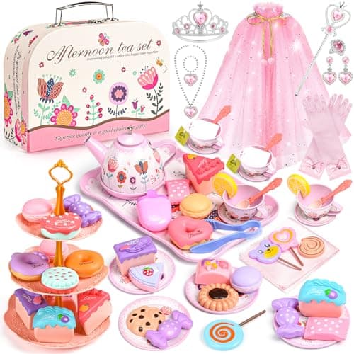 Tea Party Set for Little Girls, 63Pcs Pretend Play Toys, Princess Dress Up Tea Time, Tin Tea Sets for Toddlers 3-5 6 with Dessert, Carrying Case, Kids Kitchen Playset, Birthday Gift for Toddler Girls - Image 1