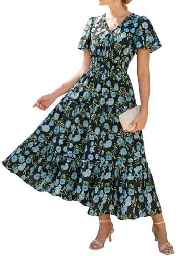 GRACE KARIN Womens Summer Floral Maxi Dresses 2026 Short Sleeve V Neck Dress Casual Flowy Beach Vacation Sundress with Pockets Black Blue Floral S - Image 1