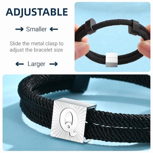 Rope Initial Bracelet for Men, A-Z Letter Black Nautical Braided Rope Bracelets with Initial, Adjustable Metal Knot Handmade Mens Bracelet Jewelry Gift for Him Boyfriend Husband, 5-10.5 Inches - Thumbnail 4