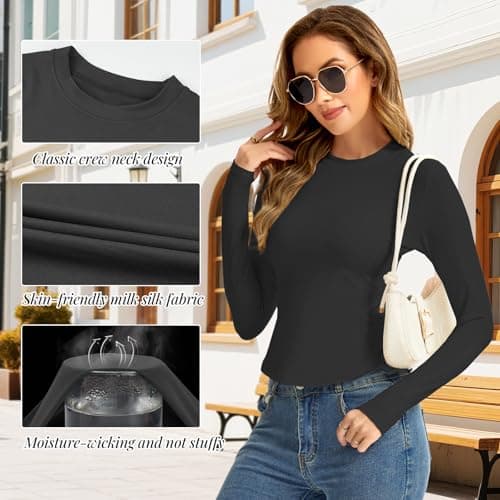 MeetHoo Women Thermal Underwear Shirts, Long Sleeve Thermal Tops Winter Warm Fleece Lined Base Layer for Skiing Running - Thumbnail 3