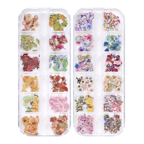 AIPULIDUO 600Pcs 3D Mixed Colorful Flower Nail Art Charms Sequins Decals Colorful Mixed Leaves Daisy Design Slice Nail Flowers Ultra Wood Pulp Flakes Sequins 3 - Thumbnail 2