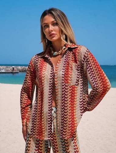 ZAFUL Womens Beach Cover Up Summer Lightweight Cardigans Crochet Boho Swimsuit Cover Up Long Sleeve Cardigans Beach Wear Red M - Thumbnail 4