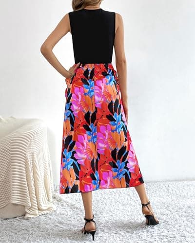 BTFBM Women Casual Sleeveless Summer Dresses 2025 Spring Crewneck Patchwork Boho Floral Ruffle Cocktail Party Midi Dress(Big Floral Multicolor, Medium) - Thumbnail 5