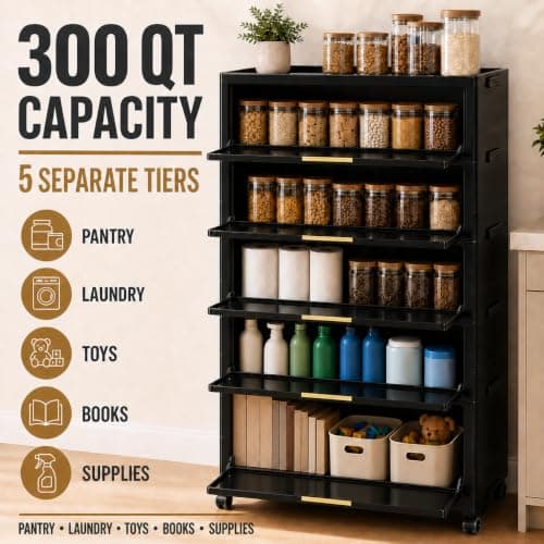 300QT 5-Tier Foldable Storage Cabinet with Magnetic Door & Wheels, Dorm Room Stackable Organizer, Space-Saving Unit for Apartment, Living Room, Pantry, Office (Black) - Thumbnail 4