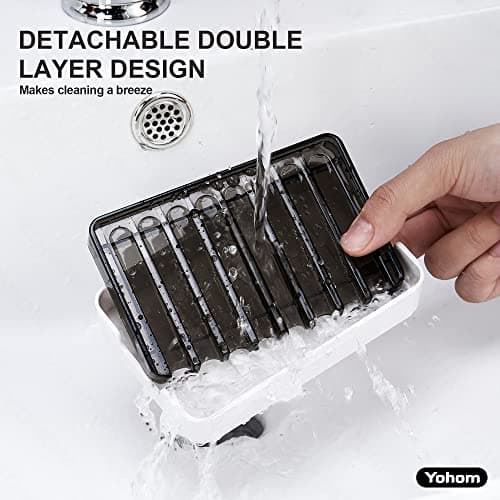 YOHOM Adhesive Bar Soap Holder for Shower Wall Hanging Soap Dish with Drain Tray Plastic Stick on Bathroom Sink Soap Holder 2PCS - Thumbnail 5