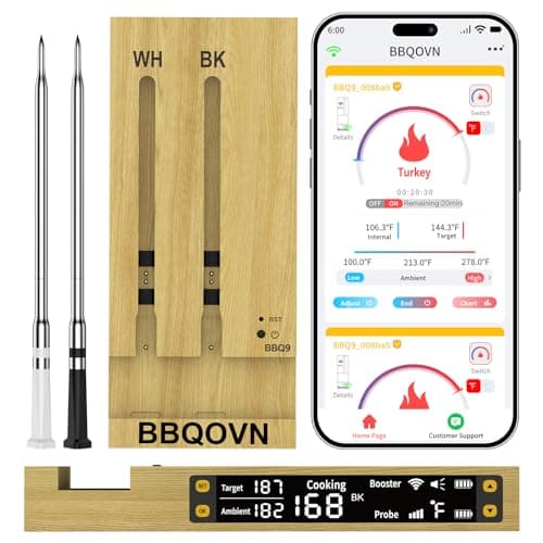 BBQOVN Smart Wireless Meat Thermometer,WiFi Unlimited Range Sub-1G (10X Stronger Than Bluetooth) 7 NIST-Certified Sensors ±0.5°F Accuracy with Smart Base for BBQ (Honey Bamboo, 1PACK) - Image 1