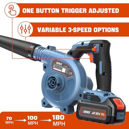 SENIX 20V Cordless Leaf Blower, Electric Blowers with Brushless Motor, 3 Variable Speed Modes, 75 CFM and 180 MPH, 2.5Ah Battery and Charger Included, Lightweight Leaf Blowers for Lawn Care (BLX2-M) - Thumbnail 4