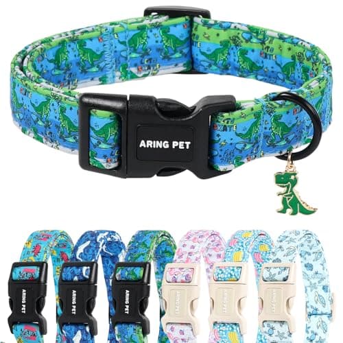 ARING PET Dinosaur Dog Collar, Cute Green Blue Boy Doggy Skate Dino Collars for Puppy Small Medium Large Male Dogs, for Daily Photos Summer Beach Walking Hiking Picnic-XL - Image 1