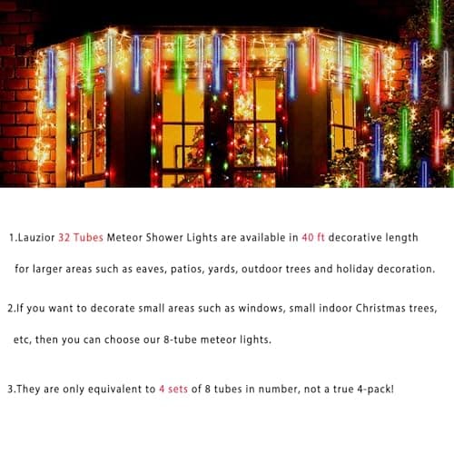 Christmas Outdoors Decoration, 32 Tubes Meteor Shower Lights Outdoor Indoor, Lauzior Snow Falling Icicle Cascading Lights for Christmas Halloween Decor Xmas Tree Holiday Yard Wedding Party, Multicolor - Thumbnail 4