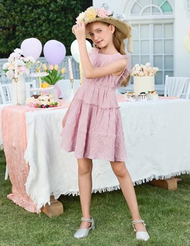 GRACE KARIN Girls Sleeveless Summer Dress, Ruffle Tiered Easter Spring Party Dresses for Little Kids Size 12,Light Pink - Thumbnail 6