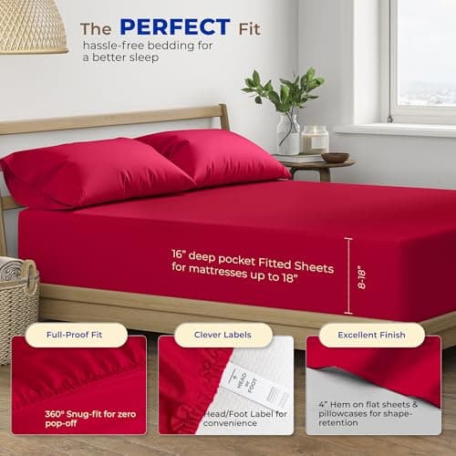 THREAD SPREAD 100% Egyptian Cotton Sheets Full Size - 600 Thread Count Sheets 4 PC 16" Deep Pocket Full Size Sheets Set, High Thread Count Soft Cooling Sateen Weave Hotel Luxury Sheets Set - Red - Thumbnail 4