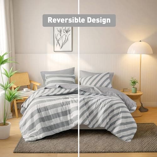 Reversible Striped King Comforter Set-Bed in A Bag 7-Pieces Bedding Set with Double-sided Stripes Design-Warm & Cozy Bed Set Includes King Size Comforter, Sheets set, Pillowcases and Shams, Grey - Thumbnail 5