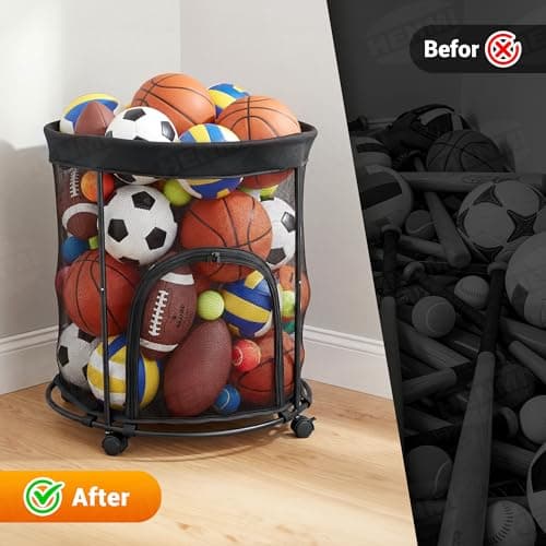 HENMI Upgraded Round Sports Ball Storage Cart - Rolling Ball Holder with Wheels for Basketball Storage & Outdoor Toy Storage, Metal Bin for Garage & School - Thumbnail 3