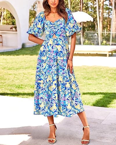 BTFBM Summer Dresses for Women 2026 Spring Outfits Beach Vacation Short Sleeve Smocked Boho Casual Floral Maxi Dress(Print Blue, Medium) - Thumbnail 6