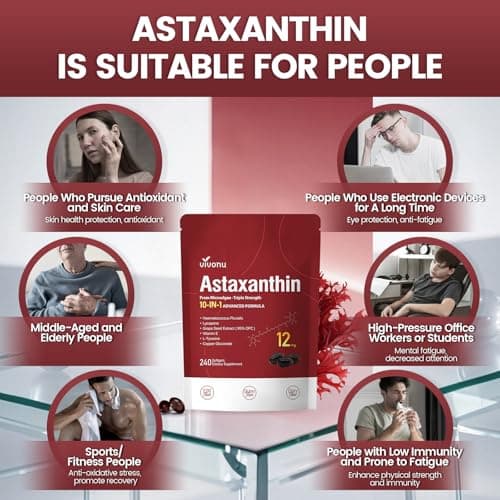 10 in 1 Astaxanthin 12mg Supplements, 4 Month Supply, Astaxantina Antioxidant from Fresh Haematococcus Pluvialis, Contains Lycopene, Grape Seed, Vitamin E, & More Supports Eye, Joints, Skin Health - Thumbnail 6