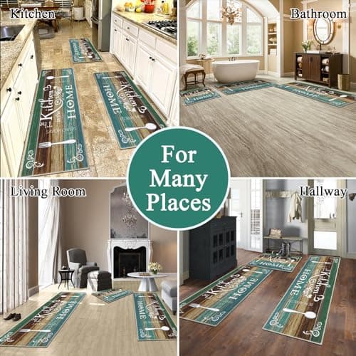 Vaukki Boho Kitchen Rug Sets 3 Pieces, Washable Kitchen Mats for Floor, Non Slip Soft Kitchen Area Rug Floor Mat for Kitchen, Laundry Room and Hallway (Teal, 20''x32''+20''x47''+20''x59'') - Thumbnail 3