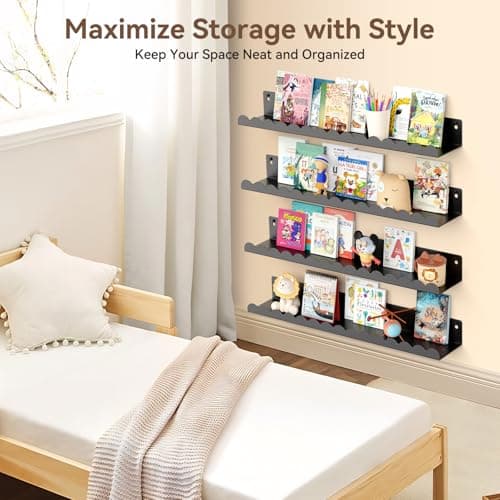 Gattlukd Floating Shelves for Wall, 23 Inch Metal Nursery Book Shelves 4 Pack, Wall Mounted Book Shelf for Kids Room, Bedroom, Bathroom, Playroom Decor (Black) - Thumbnail 6