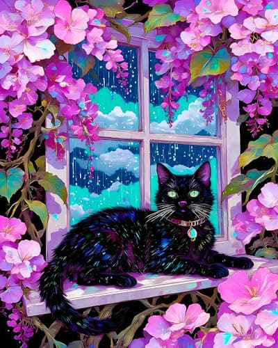 igoodom Black Cat Paint by Numbers Kit for Adults – Flowers Adult Paint-by-Number on Canvas, DIY Acrylic Painting Set for Home Decor, 16x20in - Image 1