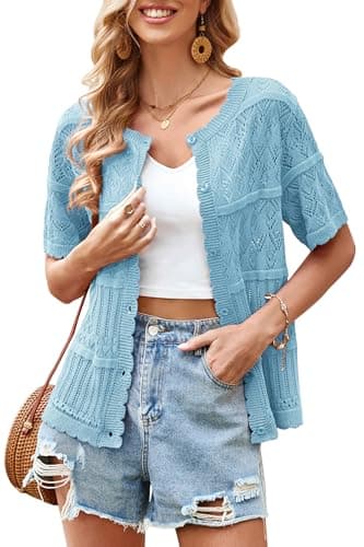 ECOWISH Summer Crochet Cardigans for Women: 2026 Lightweight Short Sleeve Crewneck Button Down Cropped Casual Sweater Tops 440 Light Blue XL - Image 1