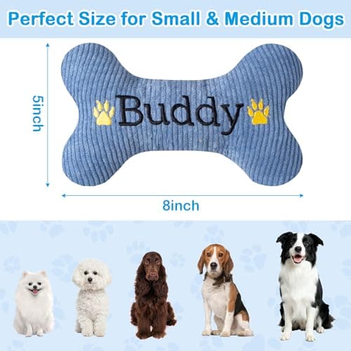 2026 Squeaky Dog Toys, Embroidered Bone Shape Blue Corduroy Pet Pillow 8"x5" with Black "Buddy" Text Cute Soft Cotton Filled Dog Chew Puzzle Toy Birthday Holiday Fun Gifts for Small Medium Large Dogs - Thumbnail 5