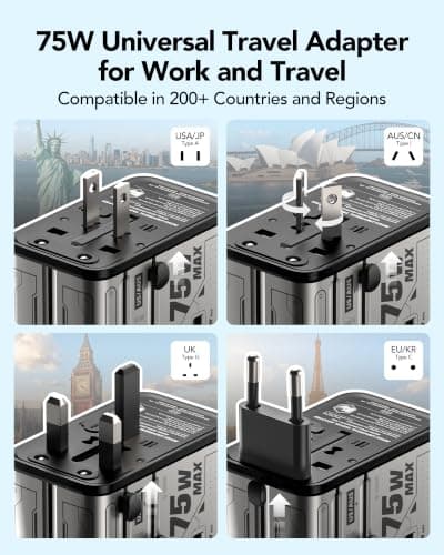 Mfish 75W Universal Travel Adapter with Retractable USB-C Cable, 3 USB-C & 1 USB-A, 1 AC Outlet, International Wall Charger for MacBook, iPhone, iPad, EU/UK/US/AUS, Type A/I/G/C, Grey - Thumbnail 3
