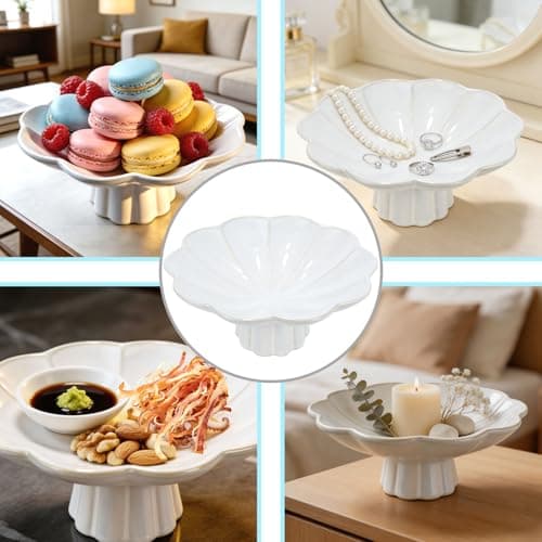 ISTOOLL Ceramic Fruit Bowl, 8 Inch White Decorative Bowl for Home Or Table Decor, Pedestal Design, for Kitchen Counter, Bread Candy Snacks Organizer, Seasonal Centerpieces - Thumbnail 6