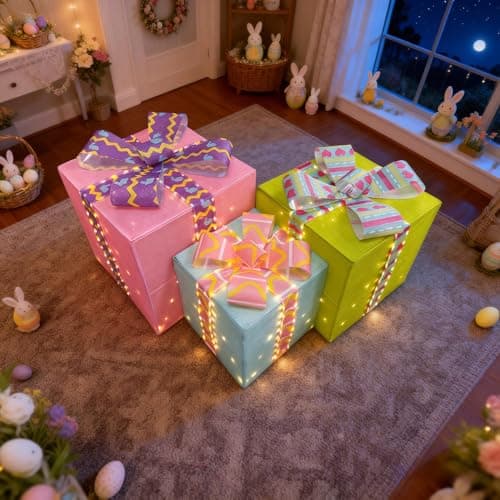 Large Lighted Easter Gift Boxes Decorations, 27" Pink 23" Green 19" Blue 516 Warm White LED Easter Present Boxes with Cute Bows, 3PCS Light Up Box Decor for Spring Party Indoor Outdoor Home Holiday - Thumbnail 2