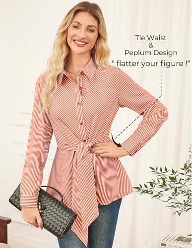 GRACE KARIN Peplum Tops for Women Tie Front Striped Button Down Shirt Collared Long Sleeve Business Casual Work Office Blouse Orange - Thumbnail 4