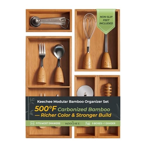 keechee Carbonized Bamboo Kitchen Drawer Organizer (Bundle: 5pc Organizers Set)