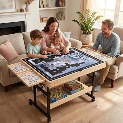 QDKGH Wooden Puzzle Table with Drawers, 1500 Piece Puzzles for Adults & Puzzle Enthusiasts with Adjustable Height & Tilt, Felt Surface, Metal Stand with Lockable Wheels, Puzzle Storage Box and Cover - Thumbnail 2