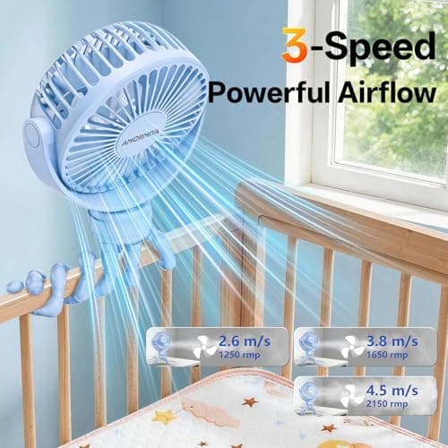 AMORMIYA Portable Battery Powered Stroller Fan with Flexible Tripod, Blue - Thumbnail 3