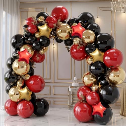 Red Gold Black Balloon Garland Arch Kit, 160Pcs Black Red Gold Latex Balloons with Star Foil Balloons for Anniversary Casino Night New Years Hollywood Movie Night Birthday Party Decorations - Thumbnail 6