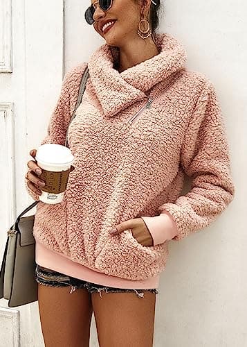 KIRUNDO Winter Clothing for Women Sherpa Pullover Fleece Zip Sweatshirt 2026 Fall Fashion Fuzzy Faux Shearling Warm Outwear(X-Large,Pink) - Thumbnail 4