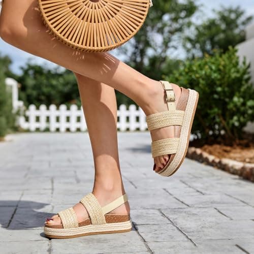 Marc Ford Womens Raffia Wedges Sandal Summer Espadrilles Beach Platform Sandals with Adjustable Ankle Buckle - Braided Woven, Open Toe, Non-Slip, Outdoor, 8.5 - Thumbnail 2