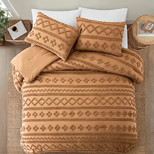 Oli Anderson Pumpkin Brown Queen Comforter Set Tufted Bedding Set Queen 3 Pieces, Boho Shabby Chic Comforter with 2 Pillowcases (Pumpkin Brown,Queen) - Thumbnail 6