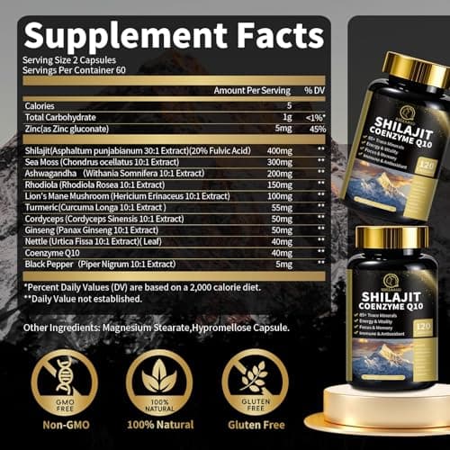 BBEEAAUU Shilajit for Men with Sea Moss & Ashwagandha,12 in 1 Hima*Layan Shilajit Supplements Capsules with Coenzyme Q10, Fulvic Acid & Humic Acid, Lion's Mane, Support Energy & Immunity, 120 Counts - Thumbnail 2