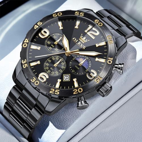 OLEVS Watch Men Black Watches for Men Luxury Fashion Arabic Numerals Chronograph Mens Watches Dress Stainless Steel Waterproof Luminous Large Wrist Watch for Man Date Moon Phase Relojes para Hombres - Thumbnail 3