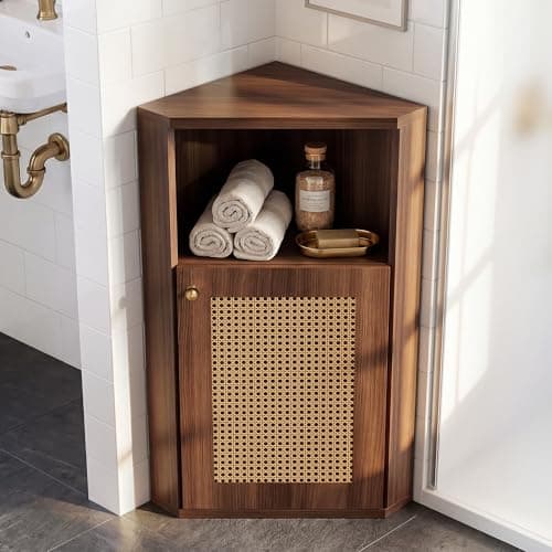 Corner Storage Cabinet for Bathroom, Small Triangle Cabinet with Rattan Doors, 750kg/m³ High-Density MDF Organizer, 90° Narrow Floor Cabinet with Adjustable Shelves, Anti-Tip Farmhouse Accent Unit - Image 1