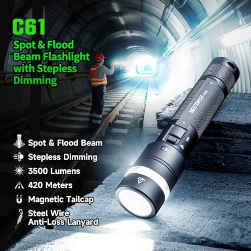 NEXTORCH C61 Rechargeable Flashlight, 3500 Lumen High Lumens LED Work Light with Wire Lanyard Ring, IP67 Magnetic Base, 420m Long Throw Search Flashlight for Camping Adventures Car Repair Emergency - Thumbnail 2
