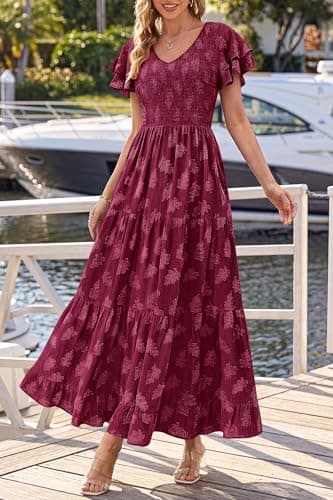 dowerme Maxi Dresses for Women 2026 Summer Ruffle Sleeve V Neck Smocked A Line Floral Boho Tiered Sundress Spring Outfit(Burgundy,XX-Large) - Thumbnail 5