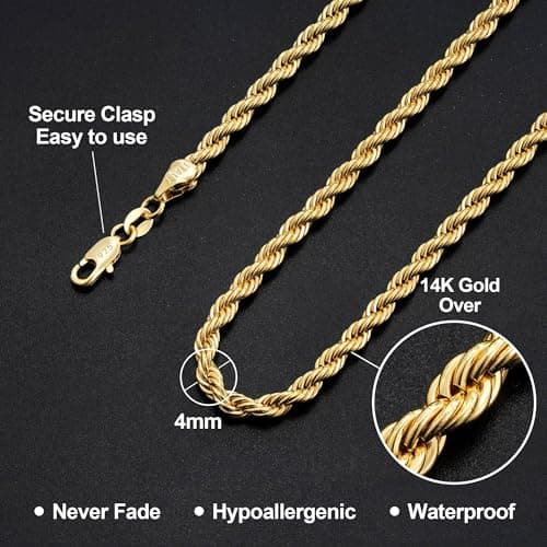 HIMSTORY Gold Chain for Men, 18K Gold Plated 925 Sterling Silver 3mm Rope Chain Necklace for Men Jewelry Sturdy Non-Fading Mens Chains Gifts for Dad Husband 24 Inch - Thumbnail 3