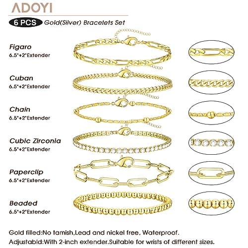 adoyi Gold Bracelets for Women, 14K Gold Plated Stackable Bracelet Stack Set Adjustable Charm Paperclip Chain Cuban Link Layered Waterproof Jewelry Sets Gifts for Womens 6.5 Inch - Thumbnail 5