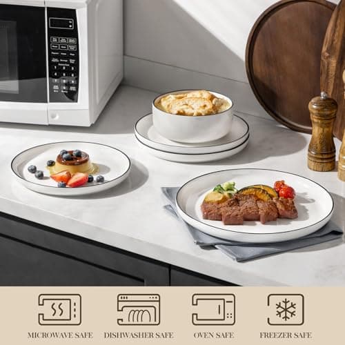 MALACASA Plates and Bowls Sets, 12 Pieces Modern Porcelain Dinnerware Set for 4 White Kitchen Dinner Dining Ware Set wtih Black Rim Ceramic Dishware Dishes Microwave and Dishwasher Safe, Series LUNA - Thumbnail 4