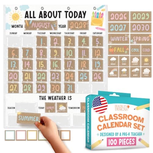 Classroom Calendar Pocket Chart - 24x29" Pocket Chart Calendar for Classrooms, Teacher Calendars Bulletin Board Set, Elementary Kindergarten Preschool Classroom Decor, Kraft Bulletin Board Decorations