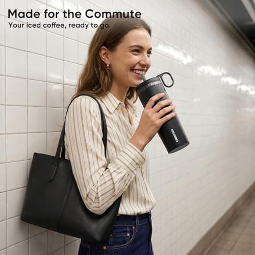 KISSKIND 20 Oz Iced Coffee Tumbler with Hidden Straw, Insulated Stainless Steel Coffee Tumbler, Leakproof Ceramic Lined Travel Cup for Subway Commuting, Slim Tumbler for To-Go, Midnight Espresso - Thumbnail 2