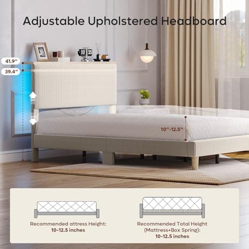 Bestier Queen Bed Frame with Adjustable Headboard & LED Lighting, Corduroy Upholstered Platform Bed Frame with Storage Shelf, Solid Wood Slats, No Box Spring Needed, Never Squeak, Easy Assembly, Beige - Thumbnail 4