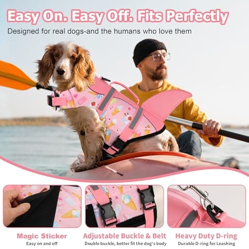 Dogcheer Dog Life Jacket, Cute Shark Dog Life Vest for Swimming Boating with Superior Buoyancy and Rescue Handle, Adjustable Puppy Floating Swim Vest for Small Medium Large Dogs - Pink Ice Cream, L - Thumbnail 4