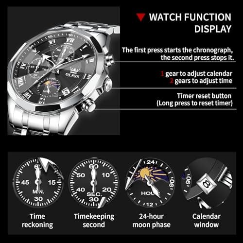 OLEVS Watch Men Luxury Black Face Sliver Stainless Steel Dress Waterproof Wrist Watches for Men Casual Analog Quartz Moon Phase Chronograph Mens Watch Relojes De Hombre - Thumbnail 6