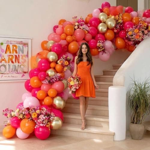 Pink Orange Balloon Garland, Double Stuffed Hot Pink Dark Magenta Balloon Arch Kit Metallic Gold Latex Balloons for Mother's Day Birthday Wedding Baby Shower Tropical Party Decorations - Thumbnail 5